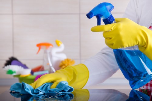 Professional commercial cleaning team maintaining an office lobby